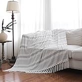 IKATYARN Grey White Striped Chenille Throw Blanket, Velvety Gray and White Rustic Decorative Chair Throw with Fringe, 50 x 60 Inches