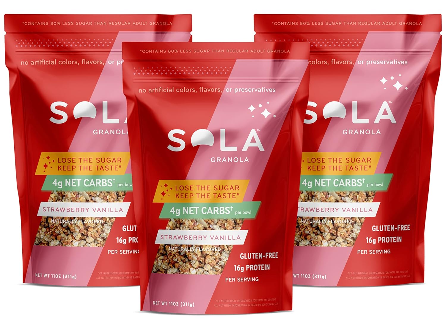 Sola Low Carb & Keto Friendly Granola, Strawberry Vanilla - Low Sugar, Naturally Flavored, Gluten Free & No Artificial Colors, Flavors or Preservatives, 11 OZ Pouch (Pack of 3)