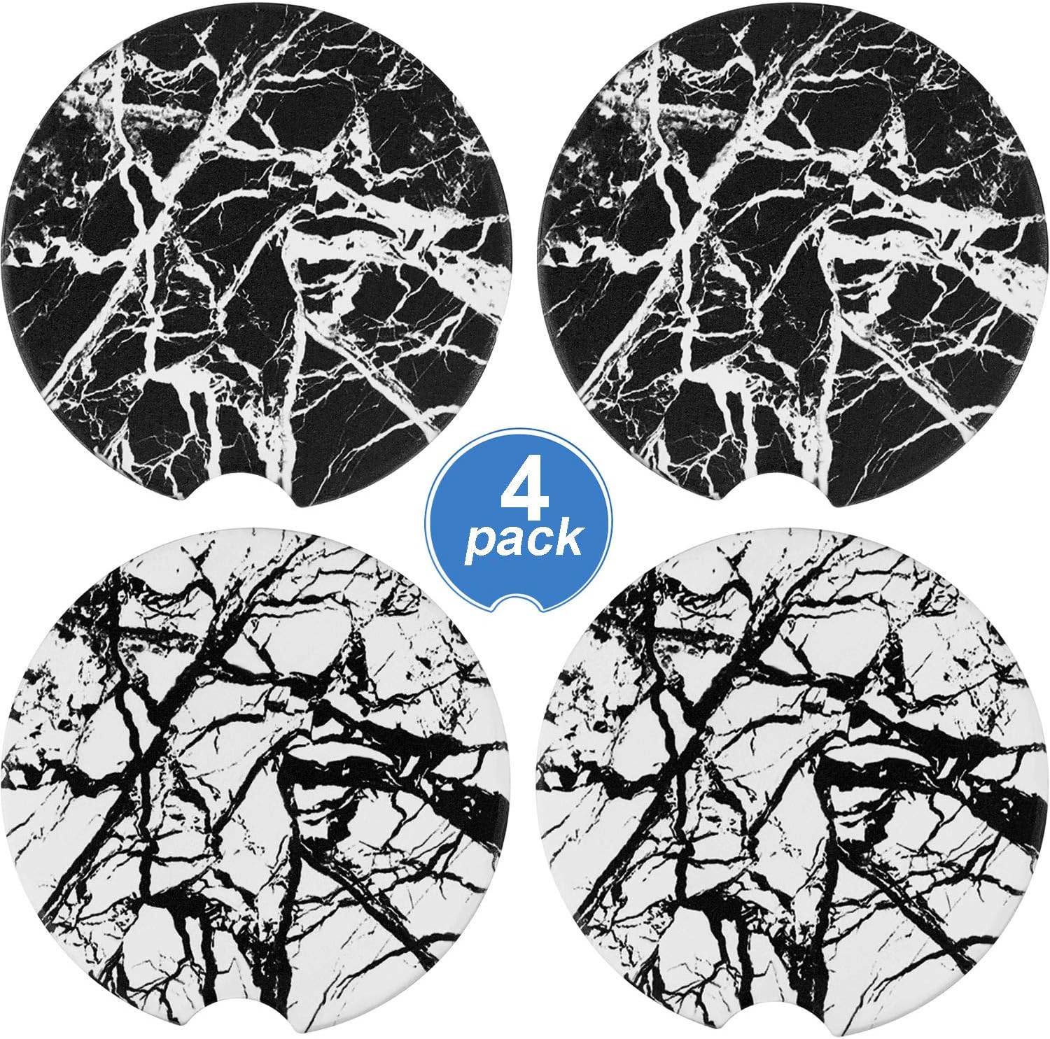 4 Pieces Car Cup Holder Coasters Absorbent Stone Car Cup Coasters Round Car Cup Holder Black White Marble Style Absorb Condensation for Drinks and Keep Car Clean, 2.6 Inch in Diameter