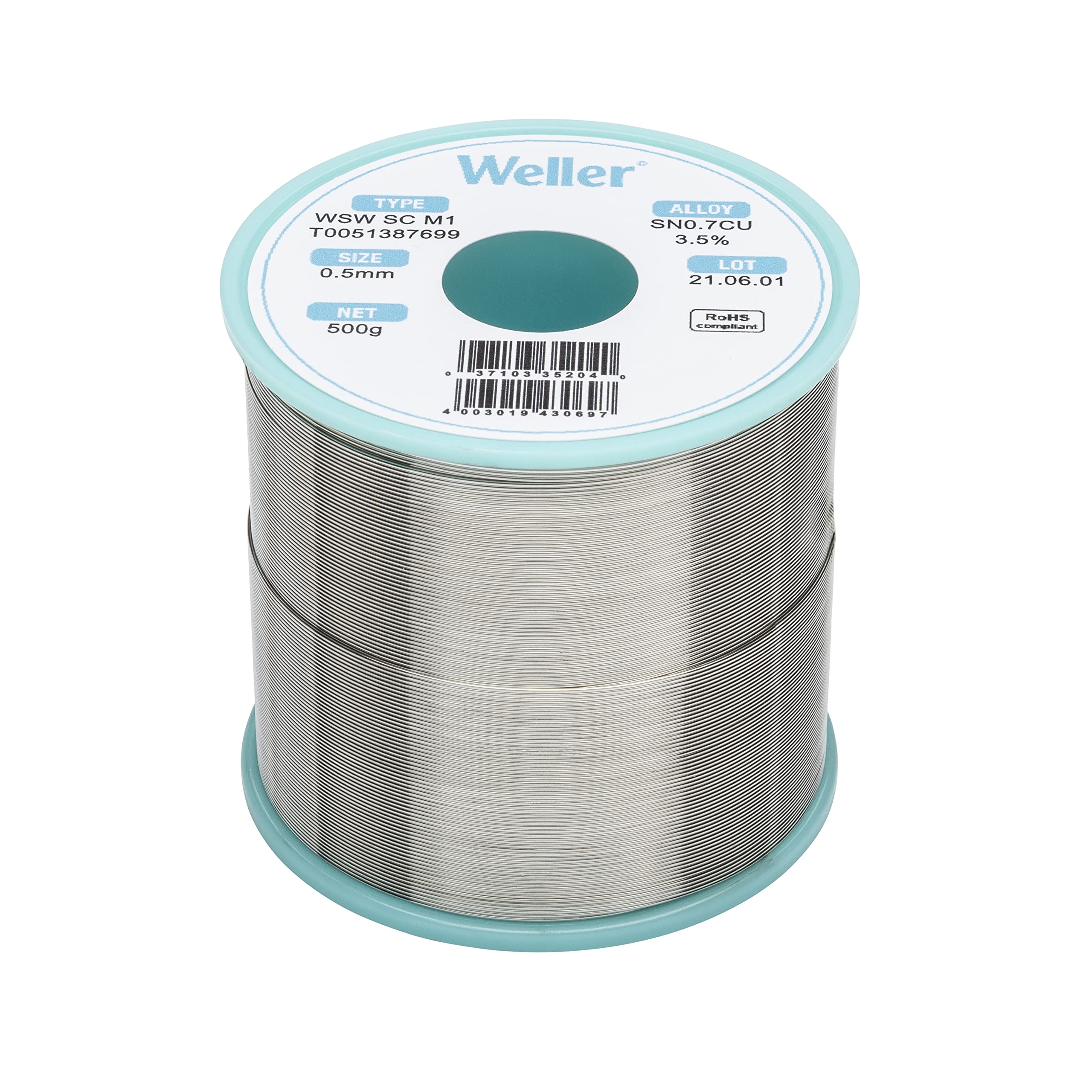 Weller WSW SC M1 (T0051387699) Lead Free Solder Wire, Ø 0.5mm, Alloy Sn99.3Cu0.7, Flux Content 3.5%, 500g, Silver