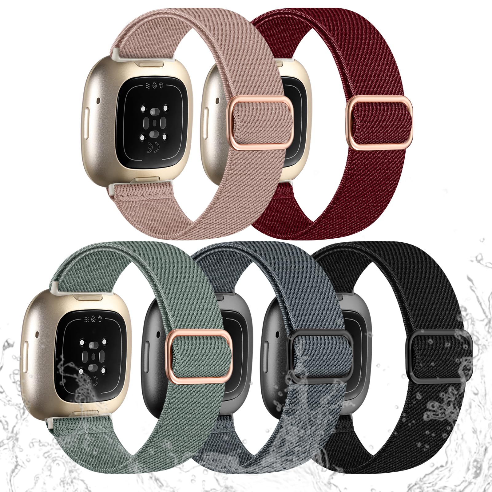 Odbeai Compatible with Fitbit Versa 4 Bands for Woman/Versa 3 Band, Compatible with Fitbit Sense 2 Bands/Sense Band, Water-Resistant Adjustable Stretchy Nylon Sport Strap for Smart Watches, 5 Packs