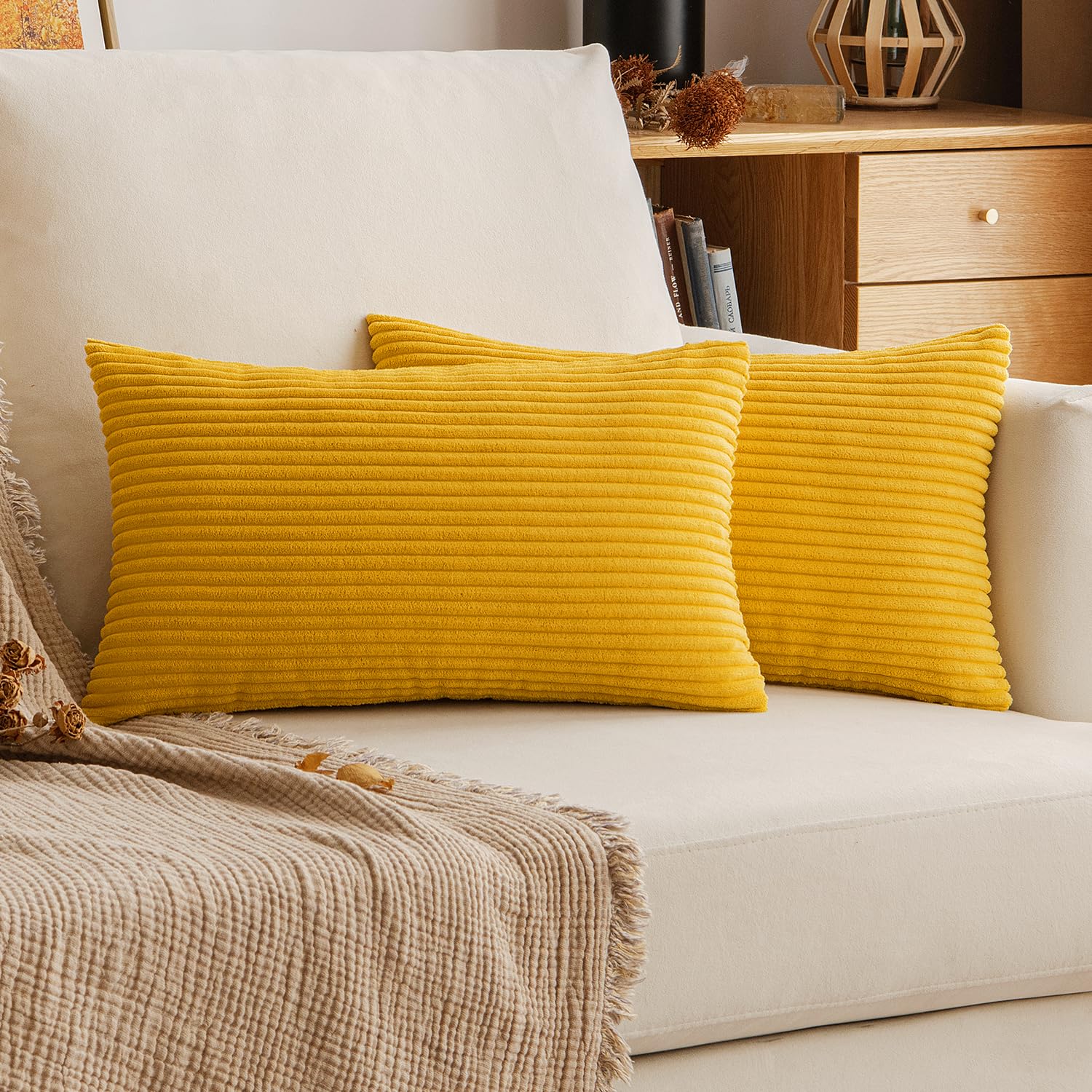 EMEMA Cushion Covers Corduroy Oblong Throw Pillow Covers Striped Soft Sham Home for Sofa Couch Bedroom Decorative Pillowcases 12x20 Inch 30x50cm Set of 2 Turmeric