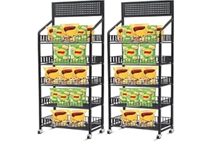 DoubleFill 2 Set Retail Display Rack Shelf Cart with Wheels and Hook Heavy-Duty Metal Snack Potato Chip Display Organizer Concession Stand for Supermarket Grocery Store Home Black (5 Tier 15 Hooks)
