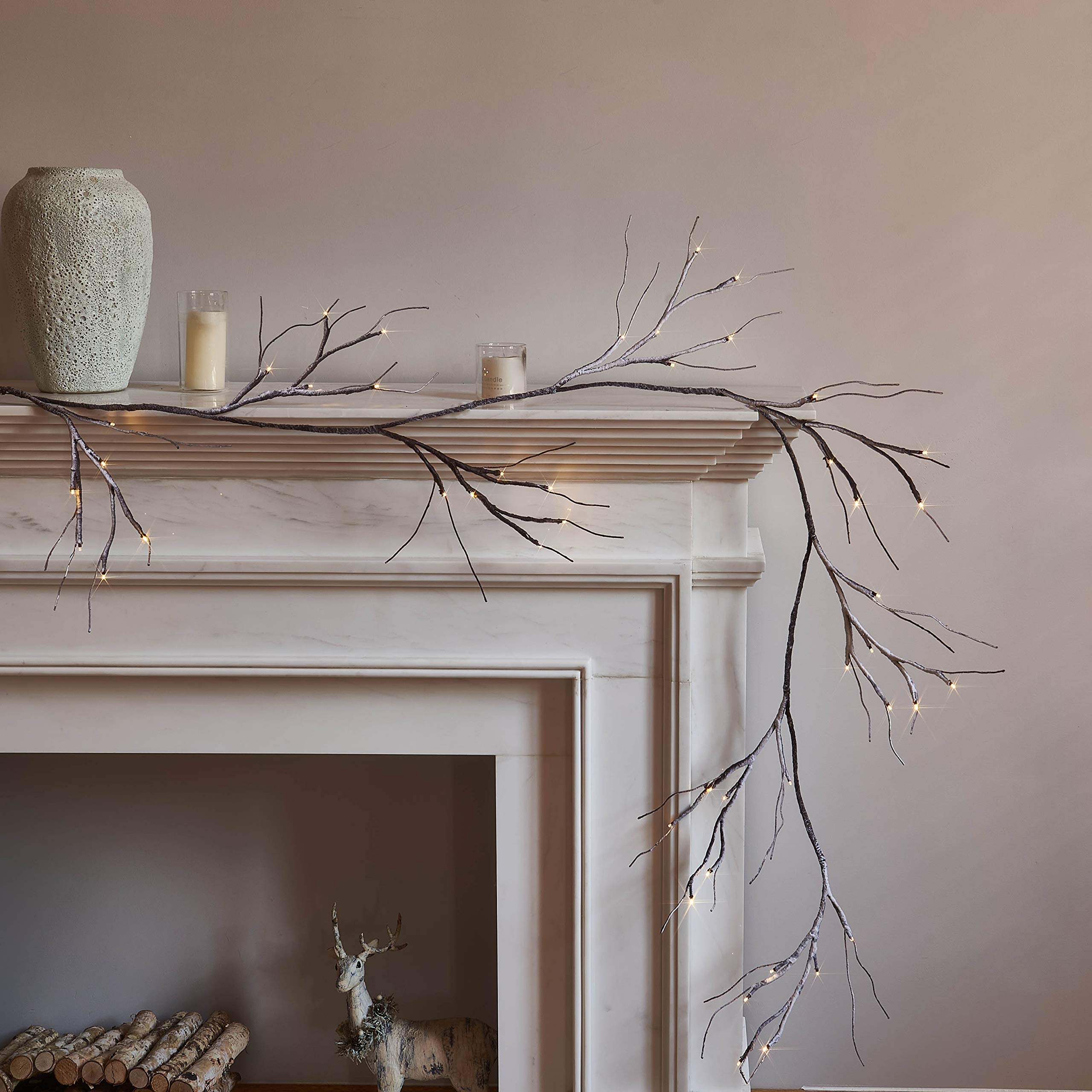 Photo 1 of Hairui Lighted Garland Snow Flocked with Timer 6FT 48 LED Battery Operated Pre-lit Twig Vine Firepalce Mantle Table Winter Christmas Decoration Indoor Outdoor