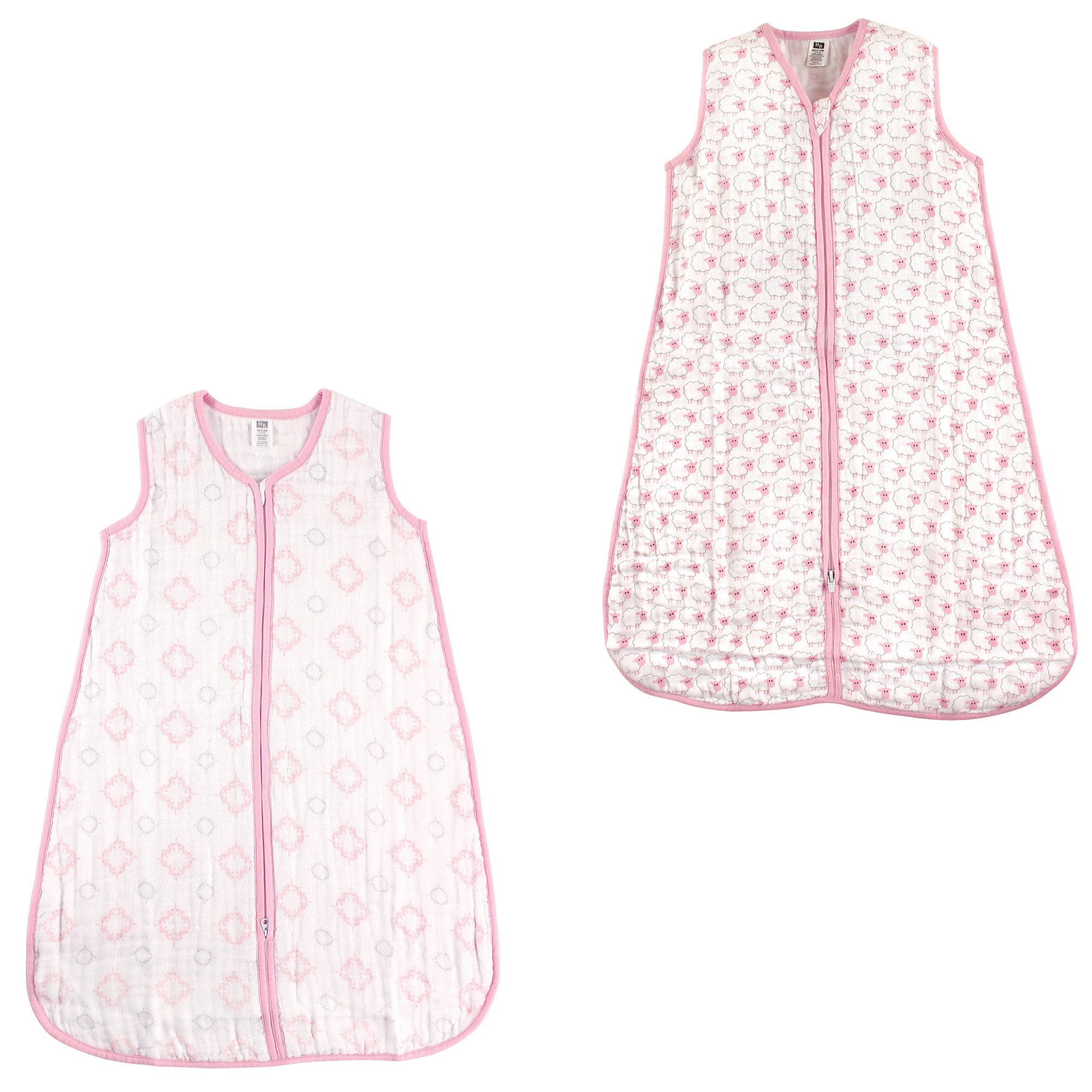 Hudson Baby Unisex Muslin Cotton Sleeveless Wearable Sleeping Bag, Sack, Blanket, Damask/Pink Sheep Muslin 2-Pack, 0-6 Months Image