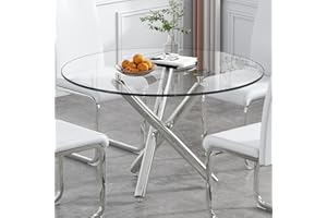 HAIZAO Round Glass Dining Room Table for 4 to 6 Person Modern Tempered Glass Top, Sturdy Chrome Legs, Adjustable Foot Pads, Kitchen Table for Living Room, Dining Room, Tea, Home, 47.24 Inch, Silver Base