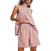 Tomosc Womens 2 Piece Lounge Set Casual Summer Outfits Sleeveless Tank Top and Elastic Waist Shorts with Pockets