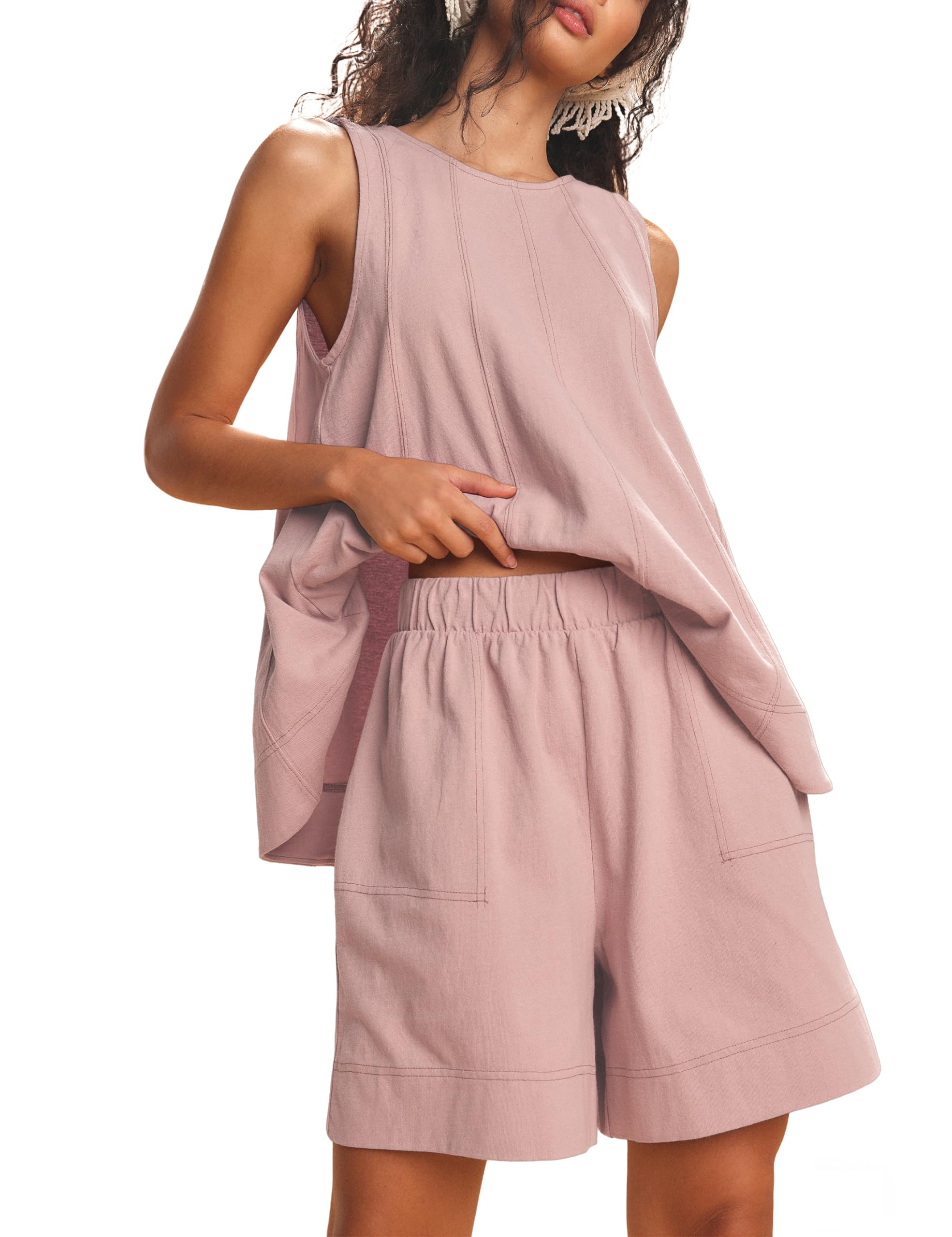 Photo 1 of Tomosc Womens 2 Piece Lounge Set Casual Summer Outfits Sleeveless Tank Top and Elastic Waist Shorts with Pockets (18W-Pink-M)