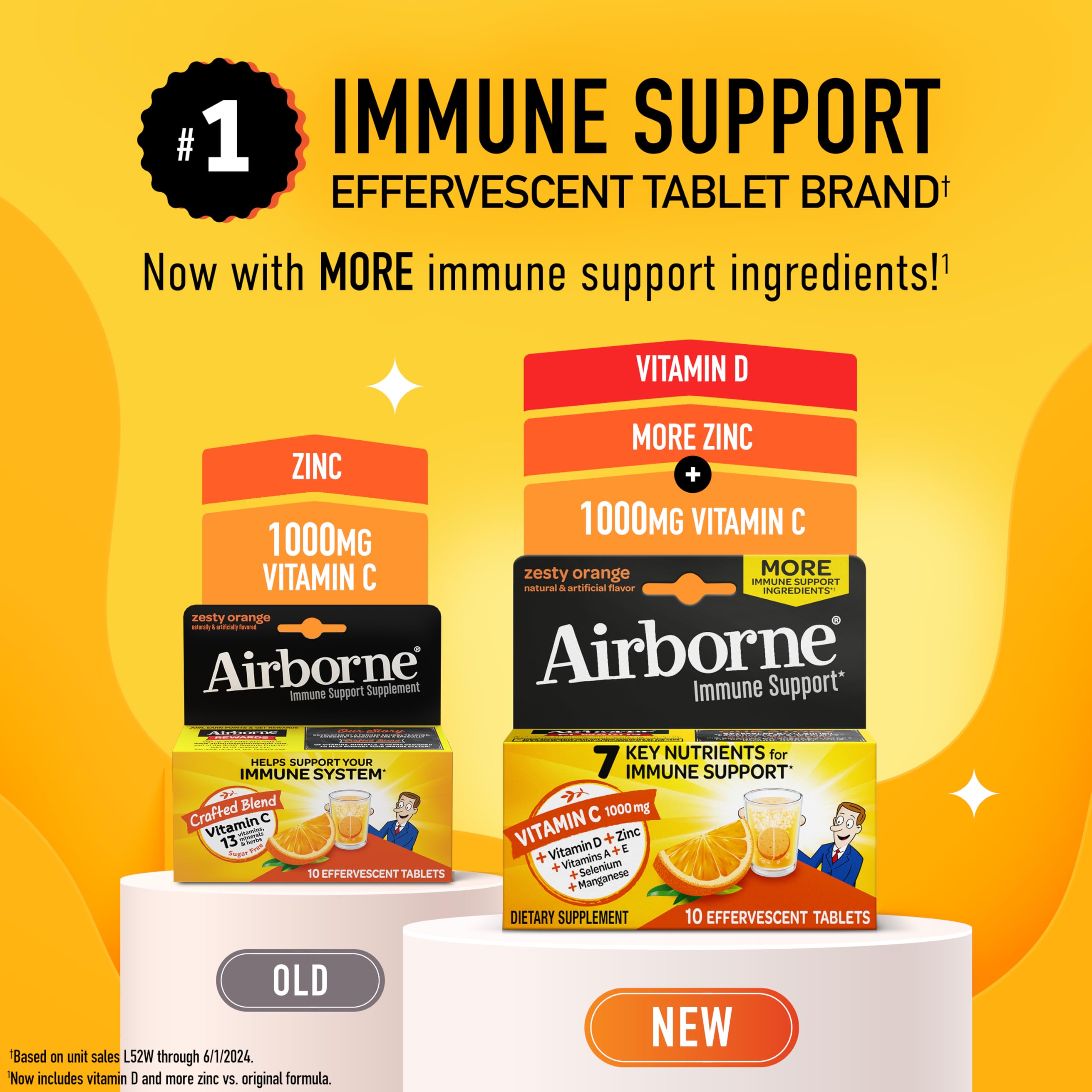 Airborne 1000mg Vitamin C with Vitamin D & Zinc, Sugar Free Multivitamin Immune Support Supplement, Antioxidants Vitamins A C & Vitamin E, 10 Effervescent Tablets, Zesty Orange Flavor