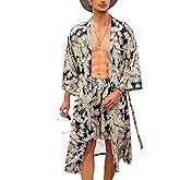 COOFANDY Men Lightweight 2 Piece Kimono Robe with Shorts Japanese Robes Casual Open Front Long Cardigan With Belt