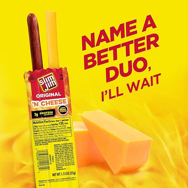 SLIM JIM BEEF ‘N CHEESE SMOKED MEAT STICKS, ORIGINAL FLAVOR, 7G PROTEIN PER SERVING, CAMPING SNACK, 1.15 OZ. (14 COUNT)