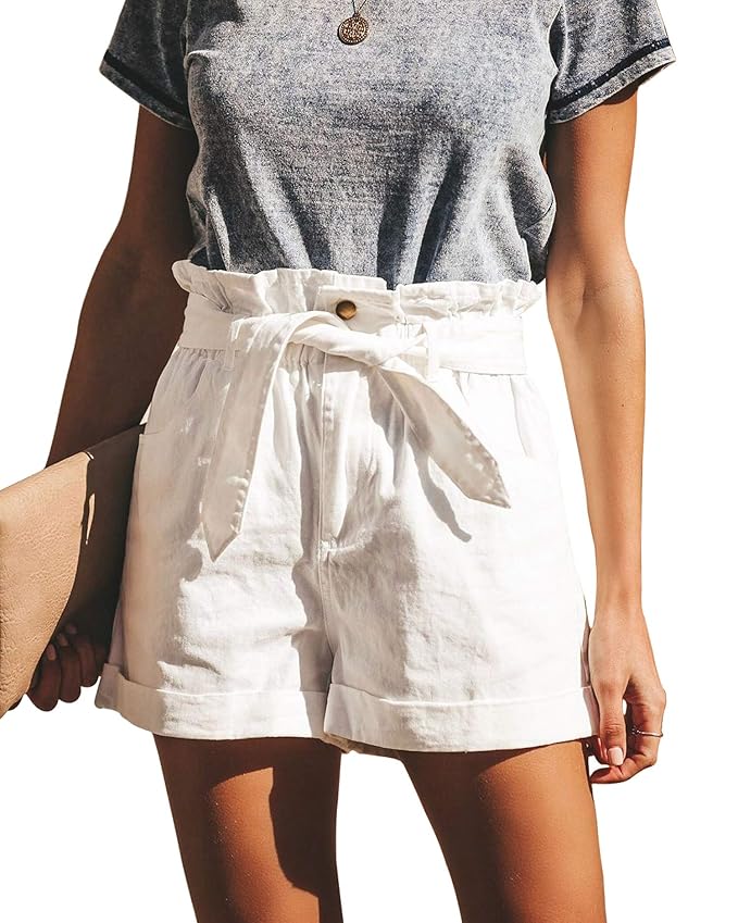 Tengo Women High Waist Cotton Shorts Jeans Pocketed Paper Bag Denim Shorts with Waist Tie (White,L)