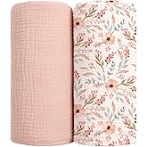 lulumoon Muslin Swaddle Blankets for Baby: Soft Cotton Newborn Receiving Blankets - Floral Print Nursery Gift Set for Baby Girls(Pink Flower)