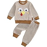 COORALLY Toddler Baby Boy Girl Thanksgiving Outfit Turkey Embroidery Stripe Long Sleeve Waffle Knit Sweatshirt and Pants Set