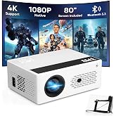 TMY Native 1080P Mini Portable Projector, 2-way Bluetooth, with 80in Screen | 4K Support, 15W Powerful Speaker, Indoor/Outdoor Movies, Zoom &amp; Timer Shutdown, TV Stick/Phone/PC/PS5/DVD/HDMI/USB Compatible