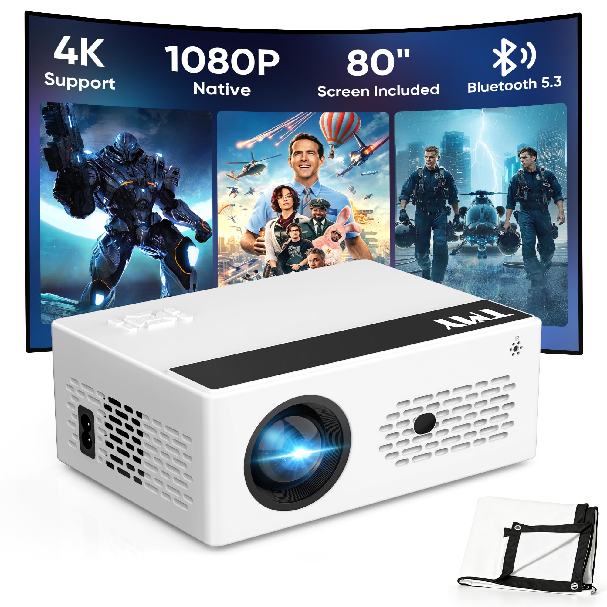 TMY Native 1080P Mini Portable Projector, 2-way Bluetooth, with 80in Screen