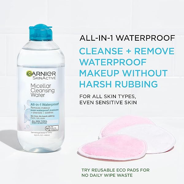 GARNIER MICELLAR WATER FOR WATERPROOF MAKEUP, HYDRATING FACIAL CLEANSER & MAKEUP REMOVER, SUITABLE FOR SENSITIVE SKIN, VEGAN, CRUELTY FREE, 13.5 FL OZ (400ML), 1 COUNT