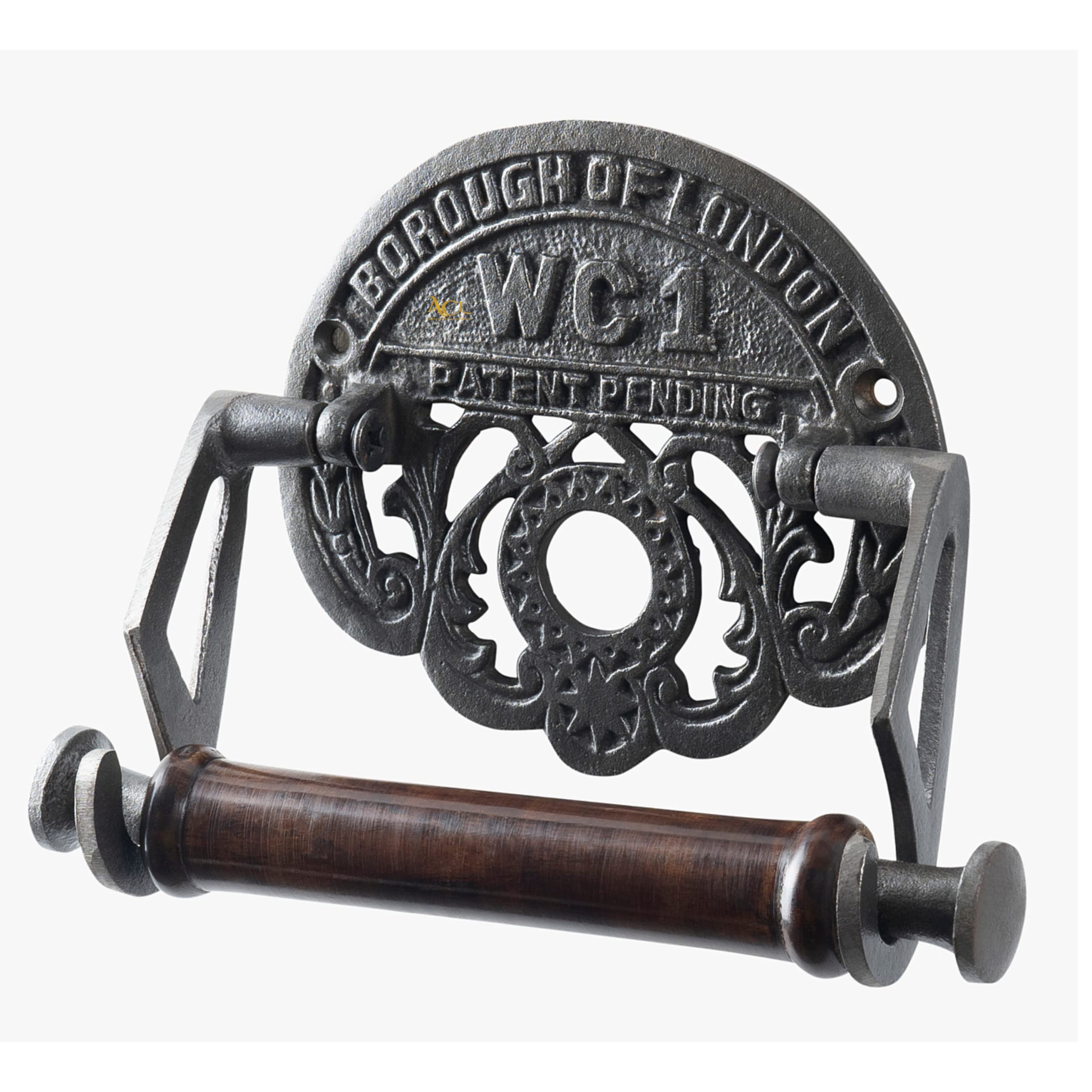 Assorted Collections - Traditional Cast Iron Borough of London WC1 - Vintage Design -Victorian Wall Mounted Toilet loo roll Holder - Paper/Tissue Holder with Hard Wood Loop - Antique Style