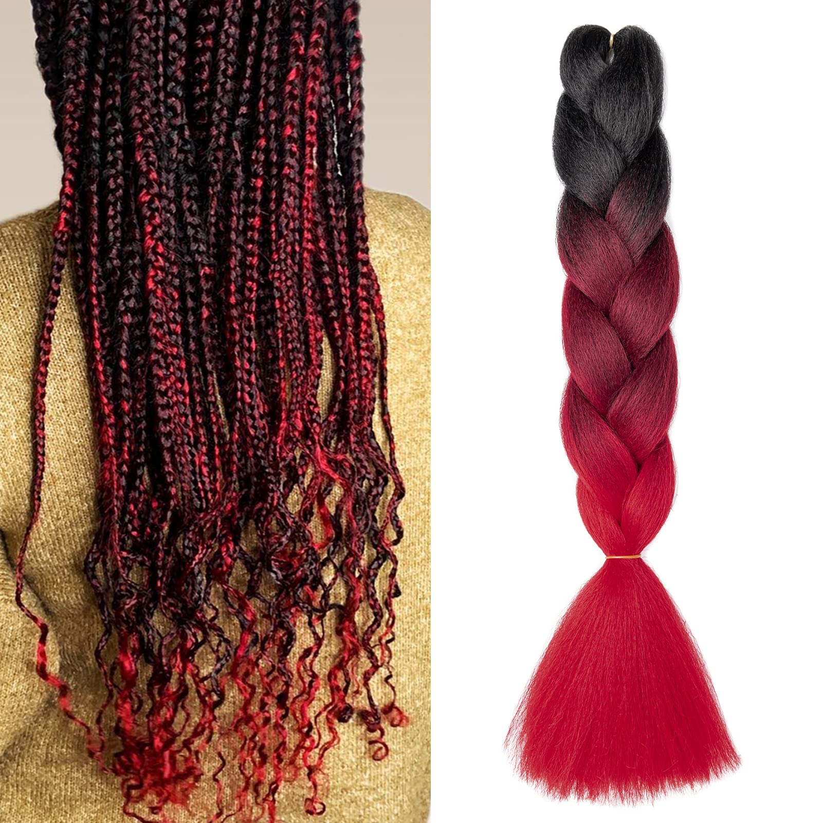 Gairyan Braiding Hair Extensions for Braiding 1 Bundle 100g 24" Ombre Jumbo Braiding Hair Colorful Synthetic Hair for Braid Soft Box Braids Crochet Twists (Black-Wine Red-Red) — image 1