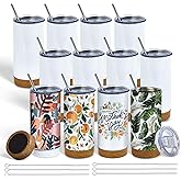 PlanetFlame 12 Pack 17 oz Insulated Sublimation Tumbler Bulk, Stainless Steel Double Wall Cups with Cork Silicone Base & Lid & Metal Straw, White
