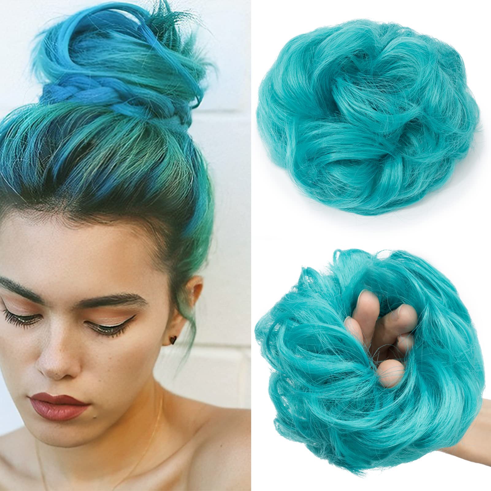 Cybelleza Scrunchy Bun Updo Hairpiece - Wavy Curly Messy Hair Bun Donut Hair Chignons - Lake Blue