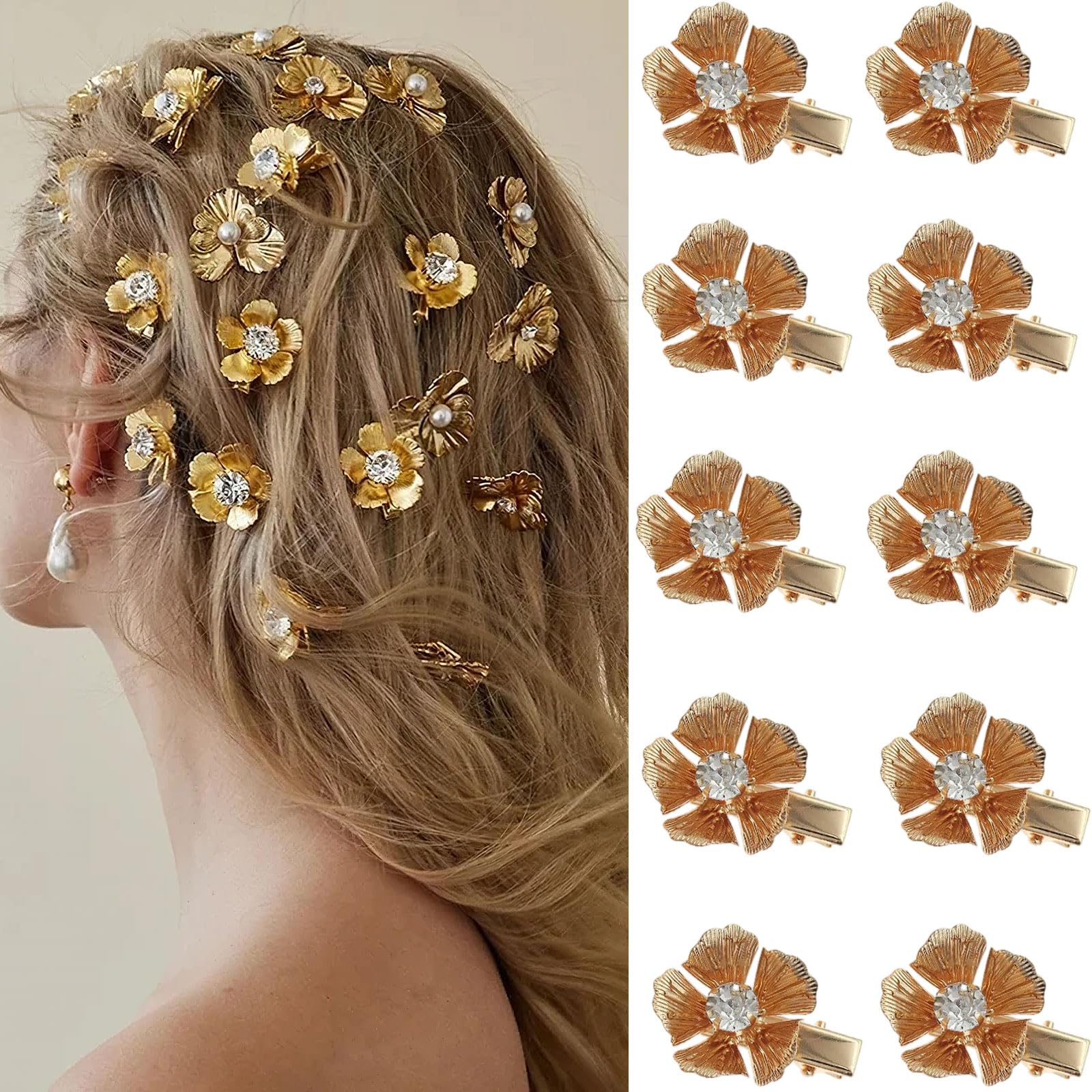 Photo 1 of 10 Pcs Alloy Flower Hair Clips Mini Metal Gold Duck Clip Hairpin Flower with Rhinestones Hair Bangs Clips for Women