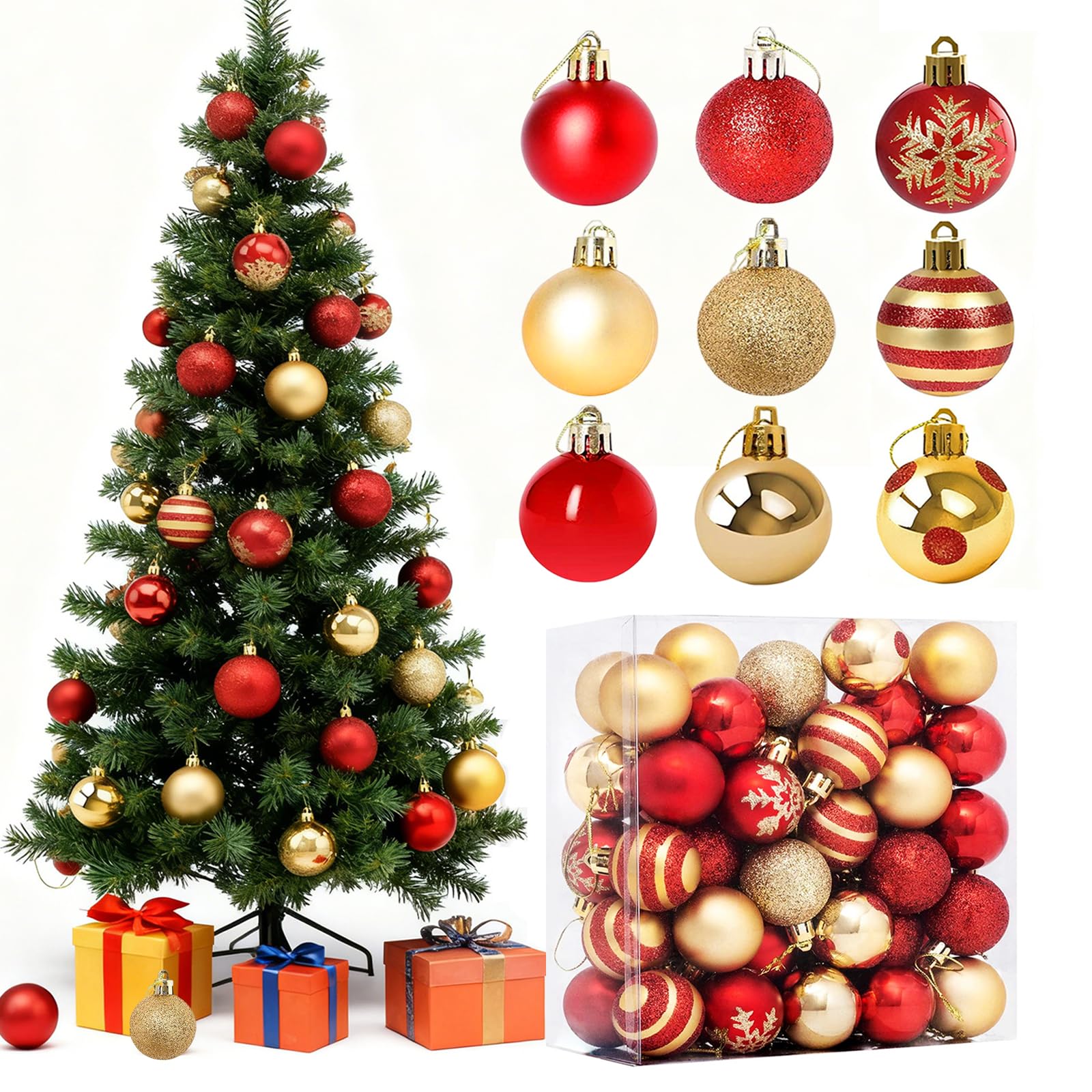 Sadodo Christmas Baubles, Xmas Tree Decorations,Pack 50Pcs 9 Styles 1.6 inch Christmas Balls Ornaments, Red and Gold Snowflakes Set, Xmas New Year Hanging Orament