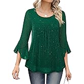 Bebonnie Women's Ruffle 3/4 Sleeve Elegant Dressy Blouses Crew Neck Double Layers Mesh Tunic Tops