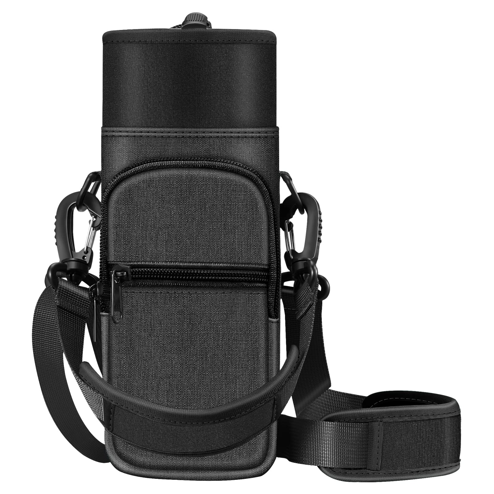 CASEBOT Water Bottle Carrier Bag Sling Case, Sports Water Bottle Pouch Holder Sleeve with Adjustable Shoulder Hand Strap and 2 Pockets for Men Women Kids Hiking Camping Travelling, Black