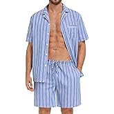 SWOMOG Mens 100% Cotton Pajama Set 2Pcs Button Down Pjs Set Short Sleeve Sleepwear with Pocket Soft Summer Stripe Nightwear