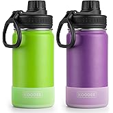 koodee Water Bottle 2 Pack 12 oz Stainless Steel Vacuum Insulated Wide Mouth Sports Water Bottle with Leakproof Spout Lid (Apple Green-Purple)