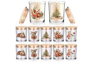 Ziliny 10 Pcs Vintage Christmas Glass Candle Jars Empty Containers Bulk 7 oz Glass Jars with Cork Lids Tins for Christmas Holiday Candle Making Storing Biscuits Tea Party Favors