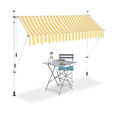Relaxdays Klemmmarkise, Balkon Sonnenschutz, einziehbar, Fallarm, ohne Bohren, höhenverstellbar, 250 cm breit, gelb gestreift