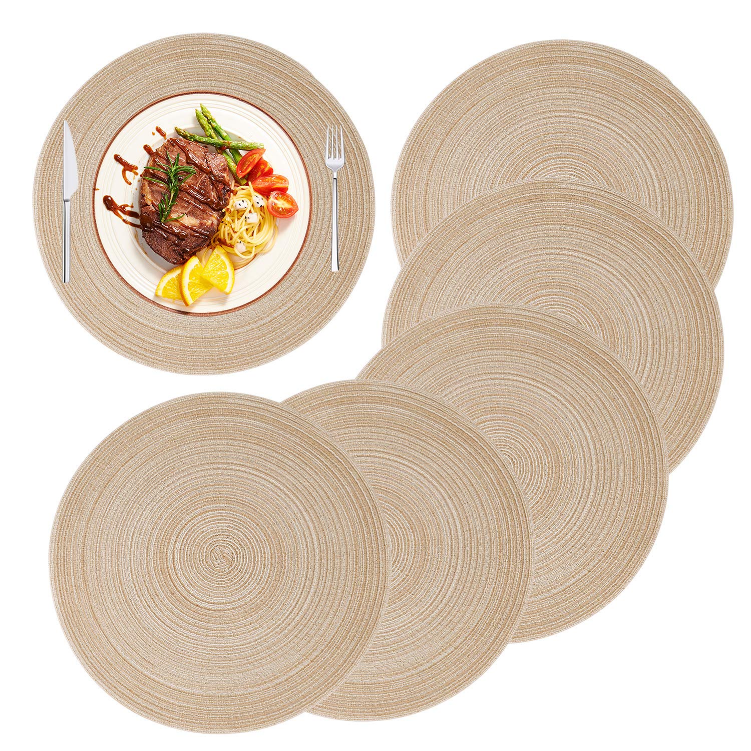 MaoXinTek Round Cotton Placemats 14 inch Woven Dinner Table Mats Heat Insulation Non Slip Braided Pads for Party Kitchen Dining Room (Set of 6)