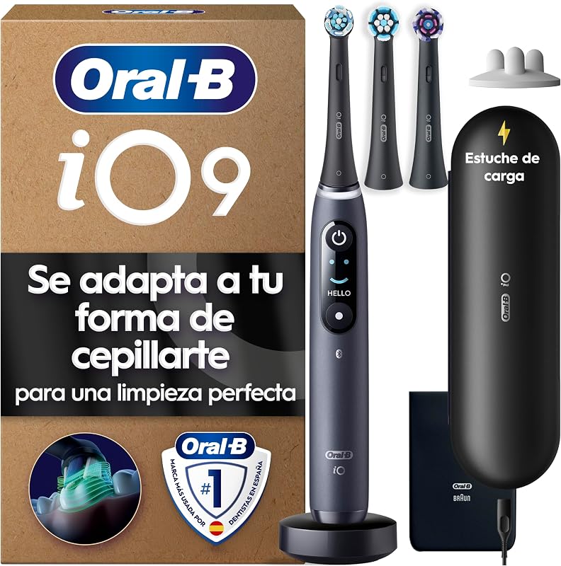 Escova de dentes elétrica preta oral-b io 9, 3 cabeças de escova, 1 estojo carregador de viagem, projetado por braun