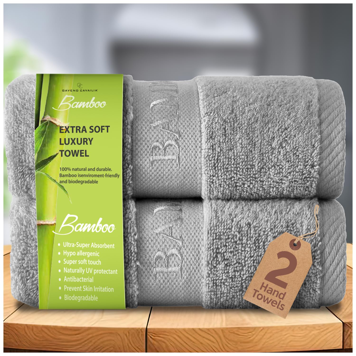 GC GAVENO CAVAILIA Bamboo Hand Towels 2 Pack - 500 gsm Highly Absorbent Towels For Bathroom (50x80 Cm) - 60% Bamboo, 40% Cotton Towels Bale Extra Soft - Silver
