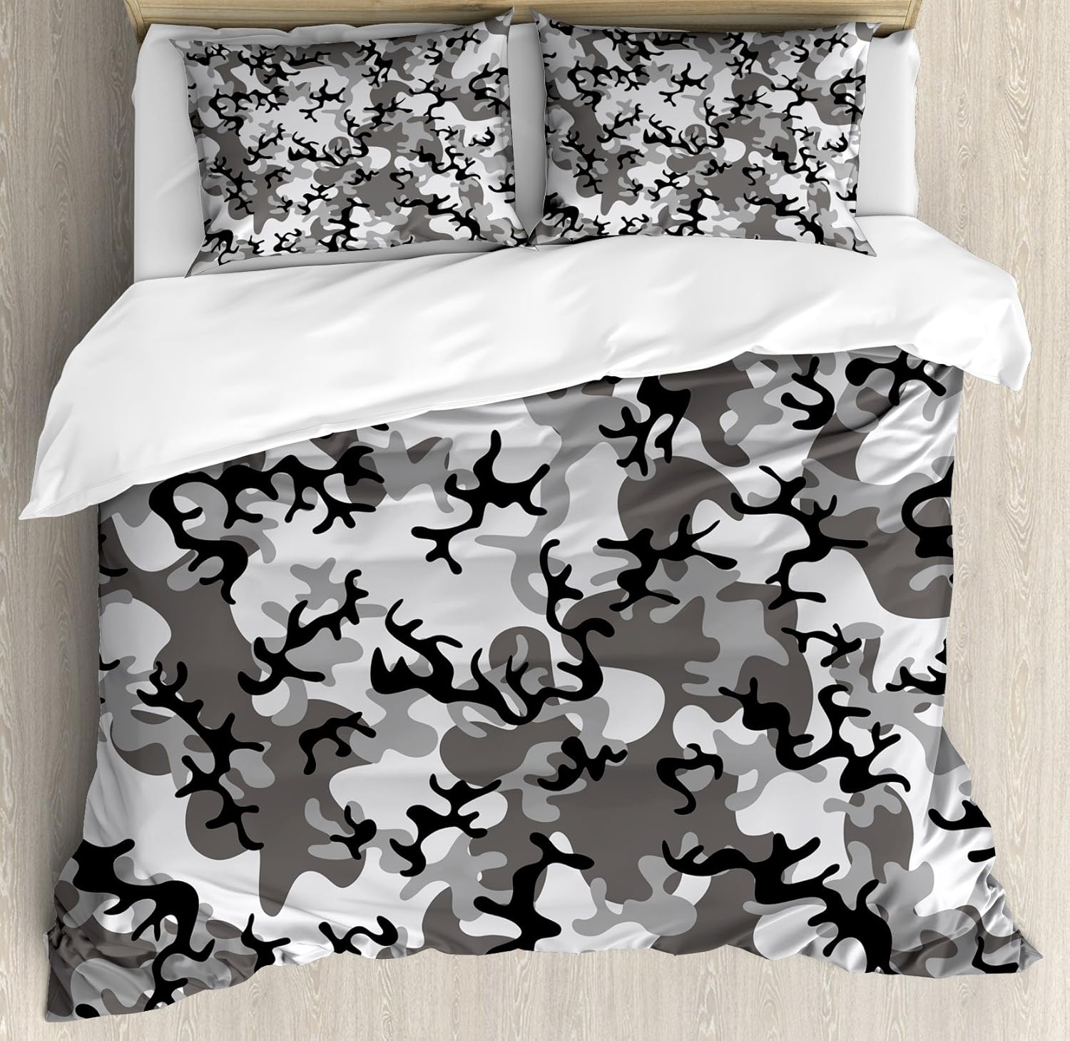 Ambesonne Camo Duvet Cover Set, Camouflage Concept Concealment Artifice Hiding Force Uniform Pattern Fashion, Decorative 3 Piece Bedding Set with 2 Pillow Shams, Queen Size, Grey Black