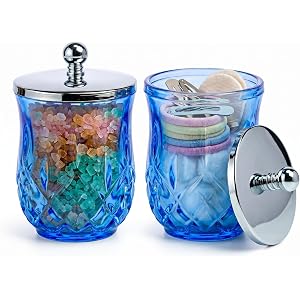 ZIVQEXMURL 2 Pack 10Oz Blue Q-Tip Holder, Round Thick Glass | Featured grid texture, for q-tips, cotton pads, jewelry, candy