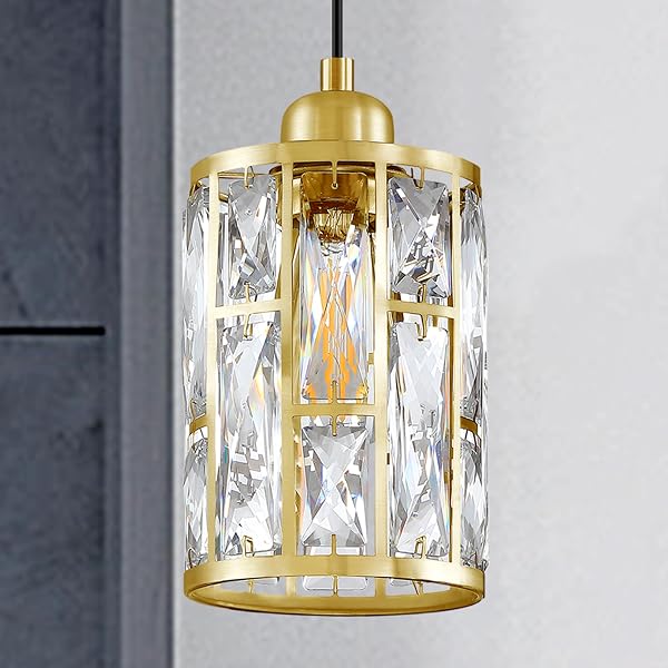 DOLAIMI HOUSE 2 PACK 1 LIGHT 5.4″ CRYSTAL SHADE HANGING KITCHEN ISLAND PENDANT LIGHT GOLD FINISH,MODERN PENDANT FIXTURE WITH CRYSTAL METAL SHADE FOR BAR,DINING ROOM,LIVING ROOM OVER SINK