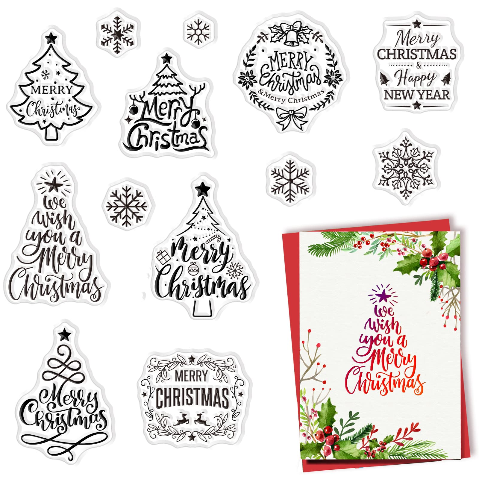 CRASPIRE Christmas Clear Stamps Christmas Tree Greeting Words Happy New Year Silicone Stamp Seal Transparent Silicone Stamps for Christmas Card Making Decoration DIY Scrapbooking Embossing Decor Craft