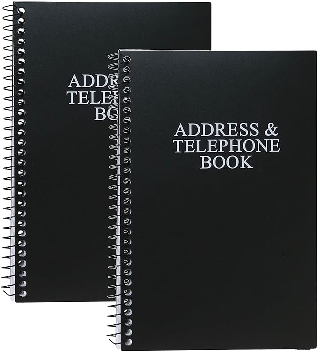 Iconikal Spiral-Bound Address and Telephone Book with Plastic Cover, Black, 2-Pack