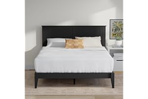 COMFIQ Serene Farmhouse Style Wood Bed Frame in Queen Size with Chevron Scoring Headboard, Coastal Modern Design, Sturdy, Easy Assembly, Ample Underbed Storage, Black Finish