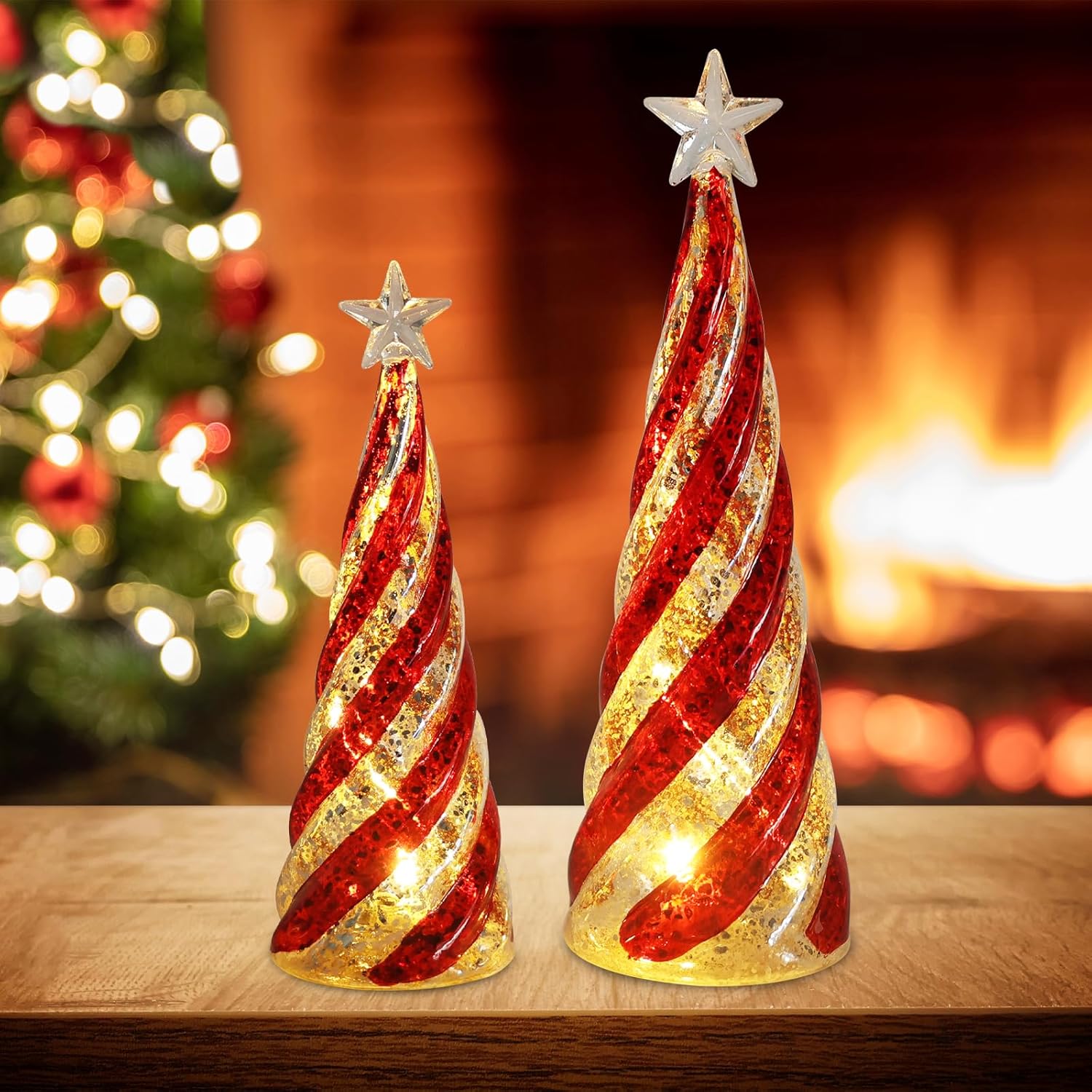 Tree Toppers - hogardeck Christmas Decorations Indoor,2 Pcs Glass Christmas Tree Decoration with Star Tree Topper, Pre-lit LED Glittered Figurine Ornaments Christmas Decor for Tabletop Mantel Home