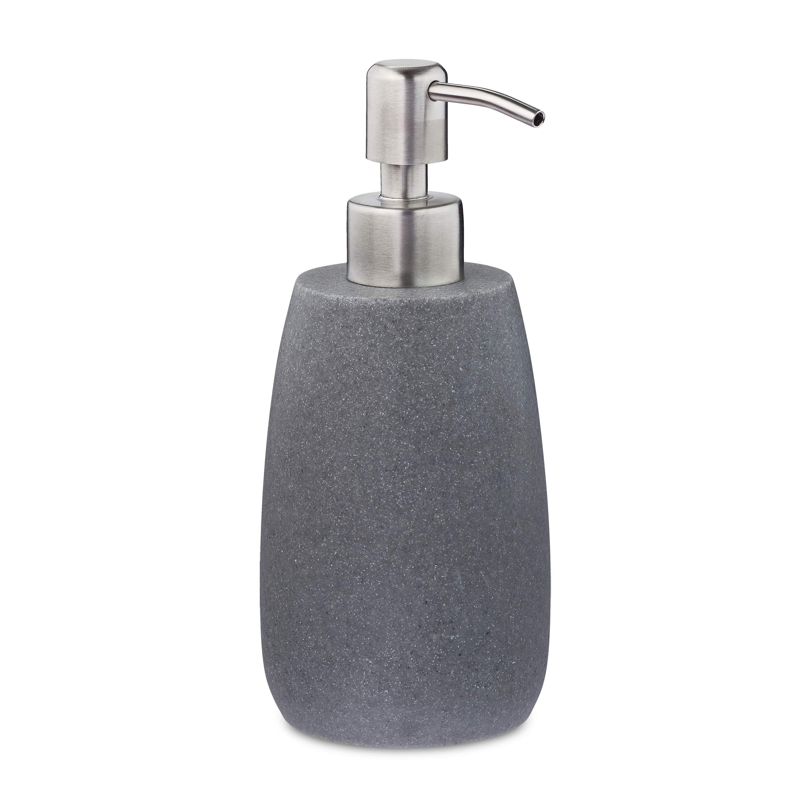 Relaxdays Soap Dispenser, Round, 300 ml, Refillable, Bathroom, for Liquids, Polyresin, Stainless Steel Pump, Grey
