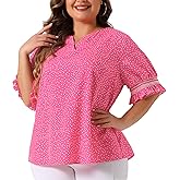 Agnes Orinda Plus Size Top for Women Dots Heart Boho Casual Smocked Short Sleeves Blouses Valentines Day
