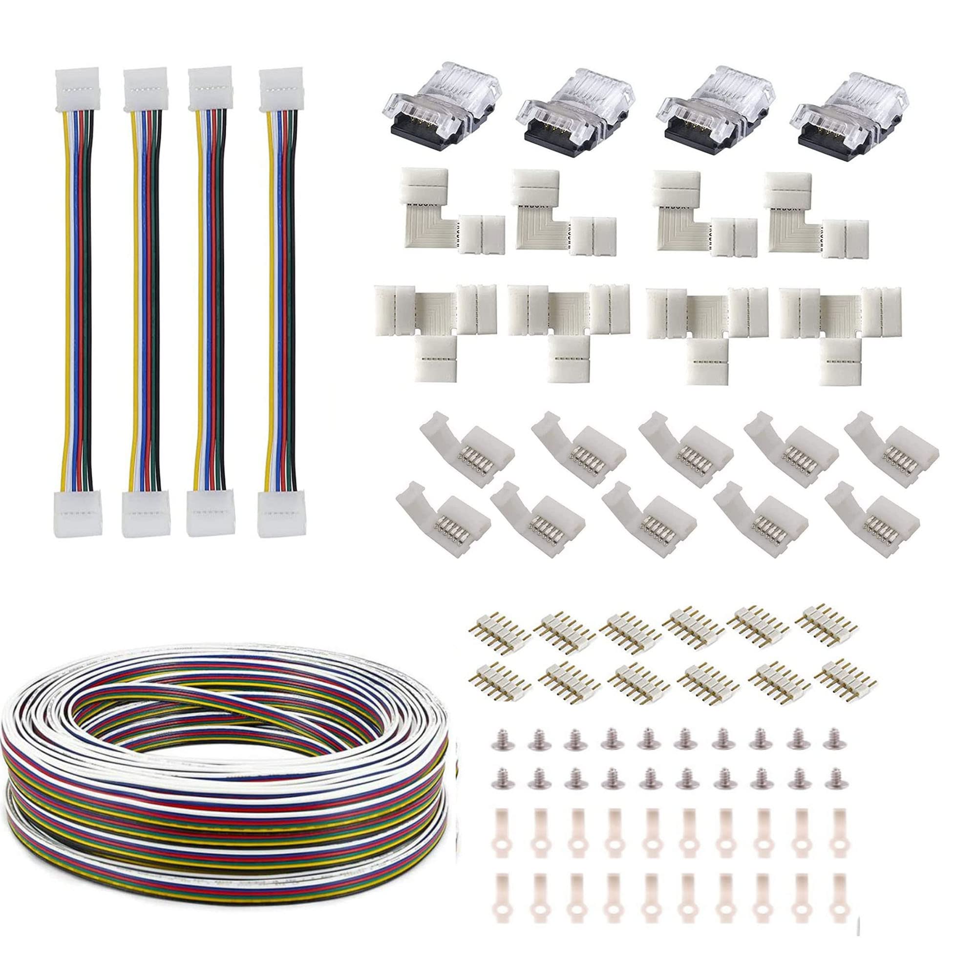 ENQIMAOYI 6Pin RGBWW LED Strip Includes Extension Cable, L/T Shape Solderless Gapless Connector, Provides Most Parts for DIY