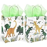 DjinnGlory 36 Pack Medium T-Rex Dinosaur Dino Themed Gift Bags with Handles and Green Tissue Paper for Boys Girls Kids Birthday Party Favors Goodies Treats,10x8x4 Inch (2 Assorted Designs)