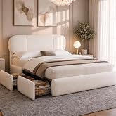 Uteeran Queen Size Cloud Bed Frame with LED &amp; 4 Drawers, Beige | Soft Boucle Cloud Bed With Lockable Drawers &amp; LED Headboard, Adjustable Height, Platform Low Bed, Easy Assembly, Noise Free