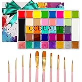 CCbeauty Face Body Paint Kit Professional 36 Colors Face Painting Kit Cosplay Makeup Palette Halloween Clown SFX Makeup Kit Neon Body Paint Arts Party Fancy Make Up with 10 Pink Face Paint Brushes