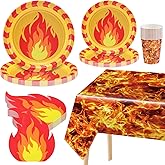 Zhehao 101 Pcs Fire Party Supplies Fireman Themed Flame Decor Include 9 and 7 Inches Paper Plates Disposable 5 oz Cups Plastic Tablecloth Cocktail Napkins for Halloween Birthday Party Decorations